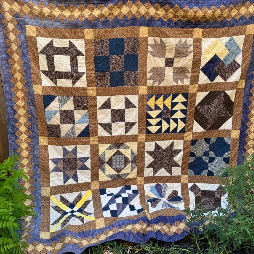 Vintage Patchwork Sampler Quilt Blanket Blue Brown Cotton Star Paisley Americana